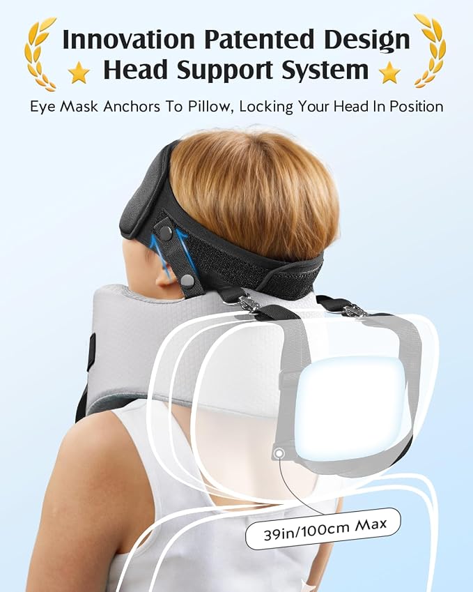 YFONG Travel Pillow with 3D Sleep Mask for Long Flights Airplane, Grey | Patented 360° Ergonomic Sleeper Hold Head Support System, Memory Foam Neck Pillow, Prevents Head Bobbing, Adjustable Strap - Image 3