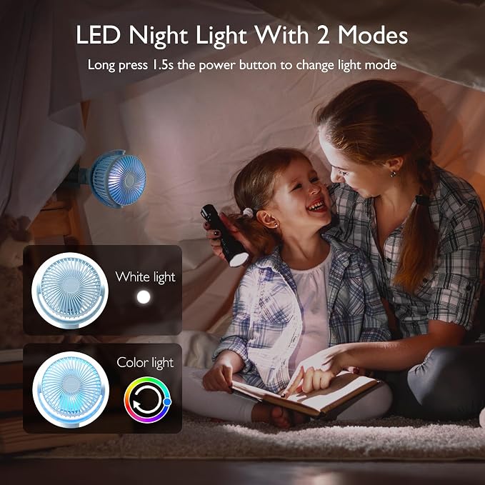 Momcozy 8000mAh Portable Stroller Fan, 27H Ultra-long Battery Life | Detachable 4 Speed 360°Rotate LED Night Light with 2 Modes, USB Rechargeable Handheld Cooling Fan for Travel/Car Seat/Bedroom - Image 6