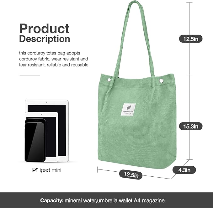 LHMTQVK Corduroy Tote Bags for Women, Large Capacity Tote Purse Reusable Grocery Shoulder Bag with Inner Pockets - Image 3