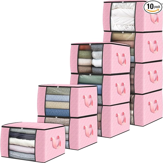 10 Pack Storage Bags for Clothes Blanket Storage Bins with Lids | Foldable Closet Organizers with Zippers,Window and Handles,Fabric Storage Bins for Sweater,Comforter,Bedding,Dorm essentials by Fabtotes