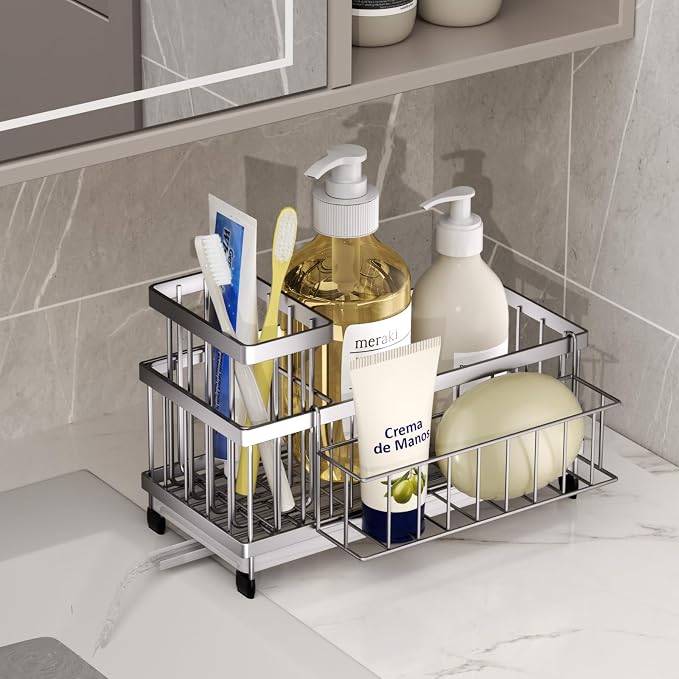 SWTYMIKI Sink Caddy Sponge Holder - Large Sponge Holder for Kitchen Sink with 360°Auto-Drain Tray, Rustproof Stainless Steel Kitchen Organizer Caddy for Countertop Organization - Image 9