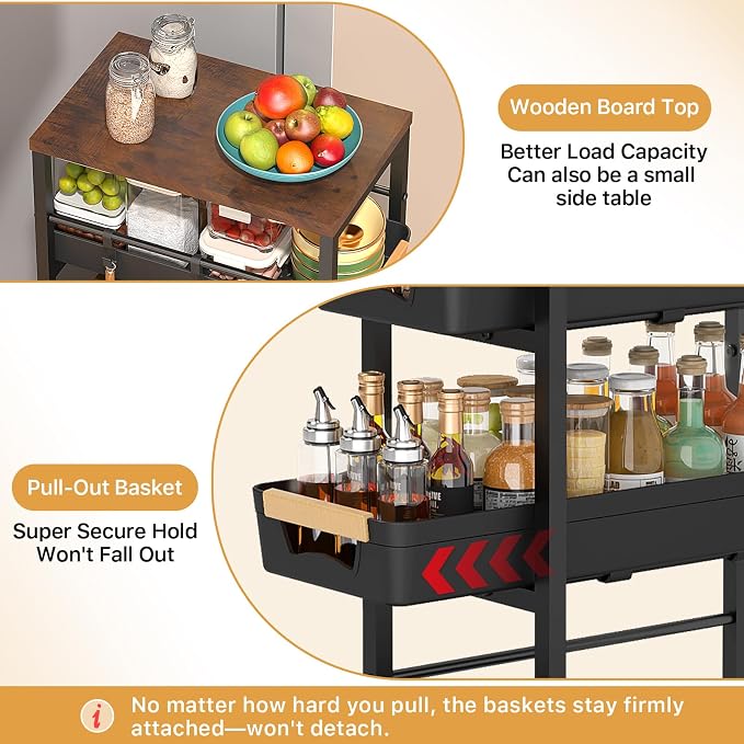 SUNALLY Slim Storage Cart with Wheels, Narrow Kitchen Rolling Cart, Black | 5-Tier Skinny Rolling Cart with Wooden Top & Lockable Wheels, Storage Organizer for Bathroom, Laundry Room, Narrow Space - Image 2