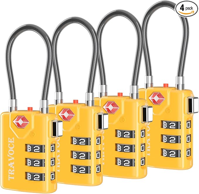 TSA Approved Luggage Locks, Combination Cable Locks, 4 Pack, Yellow | Search Alert shows TSA key access; resettable 3-digit code and flexible braided steel cable for suitcases and backpacks. by TRAVOCE
