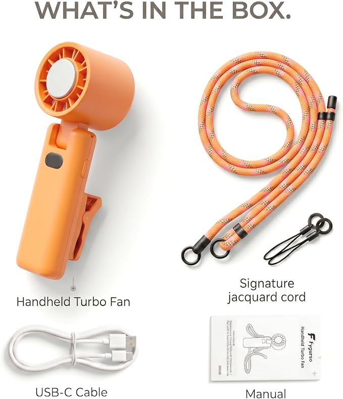 fygurso Personal Portable Clip-on Handheld Fan Rechargeable, Orange | Neck-Crossbody fit lanyard. Detachable clip. 10H battery. LED monitor. 5-Speed from 30dB low noise to 10000rpm blast. - Image 6