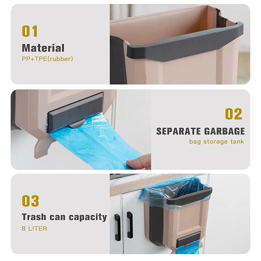 Hanging Kitchen Trash Can, Foldable Waste Bin for Kitchen, Collapsible Hang Small Plastic Garbage Can 2.4 Gallon for Cabinet/Car/Bedroom/Bathroom (Brown) - Image 3