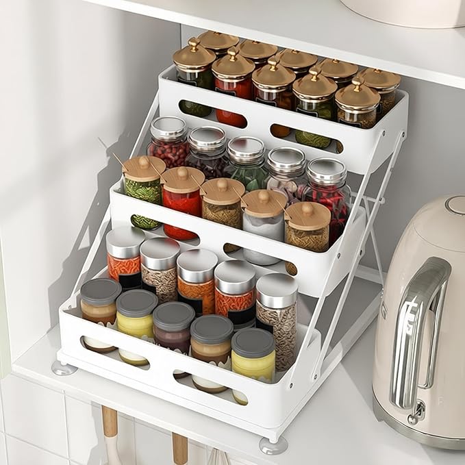 Ceetug 3 Tier Foldable Spice Rack, White | Iron, For Countertop, Kitchen Seasoning Organizer, For Cabinet - Image 5