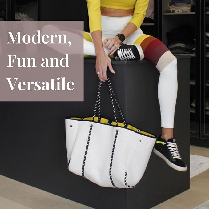 POPUPS Large Neoprene Tote Bag for Women - Everyday Designer Handbag for Travel Work and Beach with Pockets and Zipper Pouch - Image 4