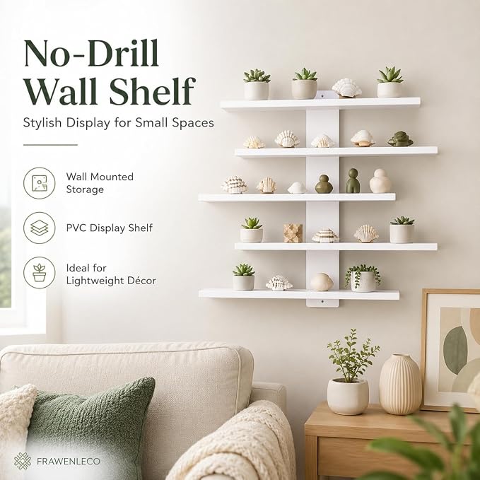 No Drill Wall Shelf, 5-Tier White Floating Shelves with Adhesive, Thickened 12mm PVC Board, Damage-Free Wall Mounted Organizer for Bathroom, Kitchen, Living Room, Bedroom(White) - Image 5