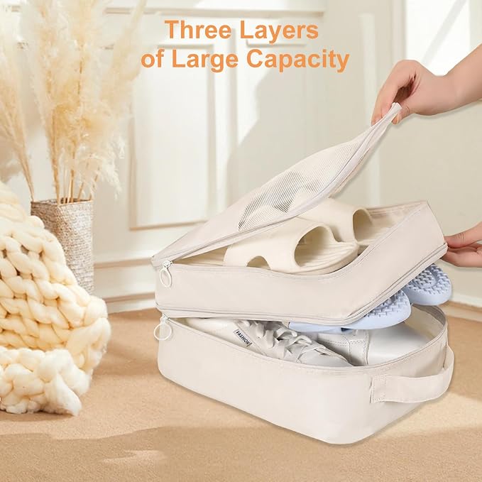 Shoe Bags for Travel Holds 3 Pair of Shoes, Shoe Storage Pouch with 2 Pack Portable Bags, Waterproof & Washable, Cream - Image 4