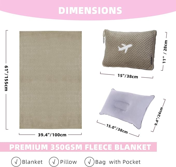 3 in 1 Travel Blanket Pillow Set - 350 GSM Thick Travel Blanket Airplane Compact with Bag, Soft Bag with a Pocket, Inflatable Travel Pillow for Camping & Car Trip (Light Coffee) - Image 5