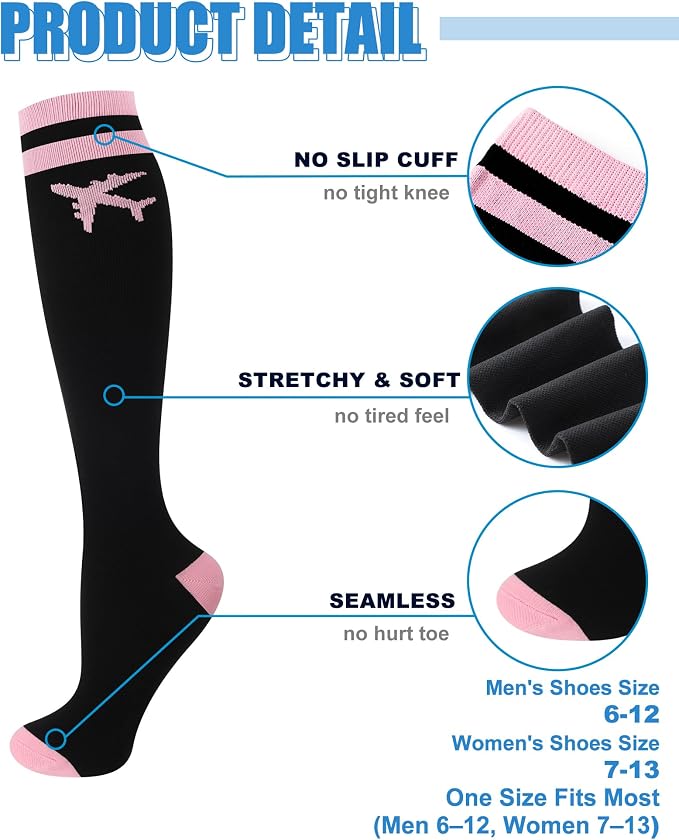Skicuff 4 Pairs Travel Compression Socks for Women Men | 15-25mmhg Graduated Knee High Socks, Flying Support Stockings for Long Haul Flight, Nurses, Airplane, Travel, Pregnancy - Image 3