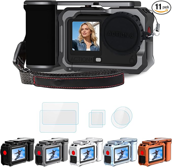 YETAKKR Camera Protection Kit for DJI OSMO Action 6 Aluminum Grip Set - 11-Piece Bundle: Street Photography Handle + Protective Cage + 9H Screen Protector + Wrist Strap Bundle Accessories by Unknown