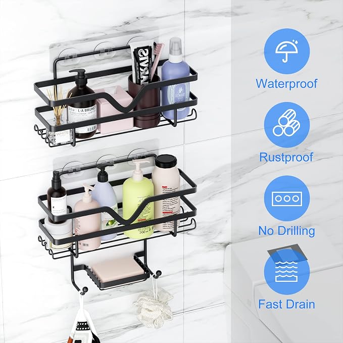Adhesive Shower Caddy No Drilling Bathroom Organizers, 3 Pack | Self Adhesive Shelf Organizer Rack, Rustproof Shower Storage Rack with Soap Dish, Side Hooks, Large Capacity Bathroom Storage - Image 6