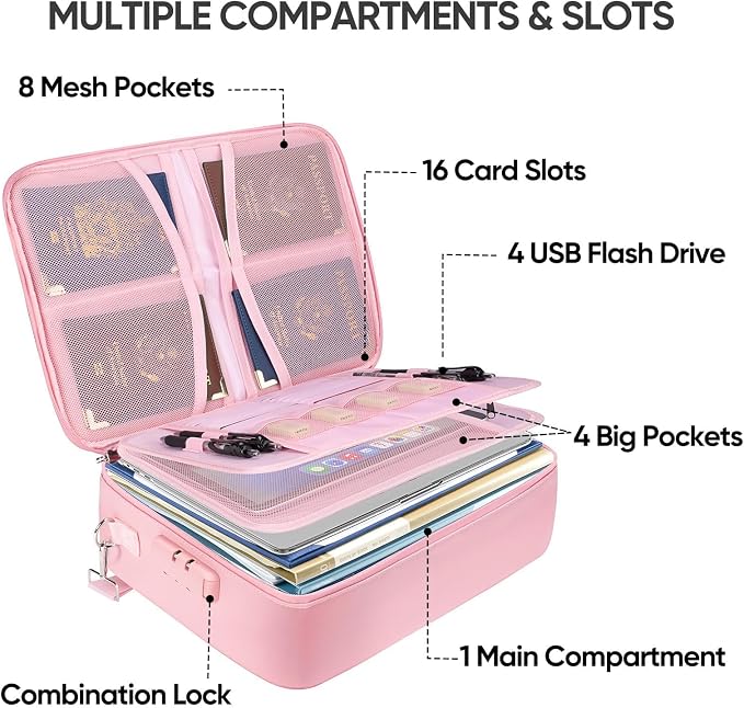 BALEINE Fireproof Document Box with Lock, Portable Fireproof Document Bag Waterproof Fire Proof File Boxes for Documents, File Organizer Box for Important Paperwork (Pink, 15''x11''x4'') - Image 2