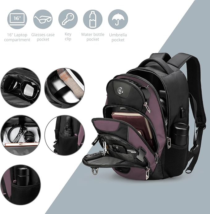 Swissdigital Design Laptop Backpack with USB Charging Port, Travel Backpack Fits 15.6 inches Computer, 31L College School Backpack for Women, Light Purple/Black | SD803-85 - Image 4