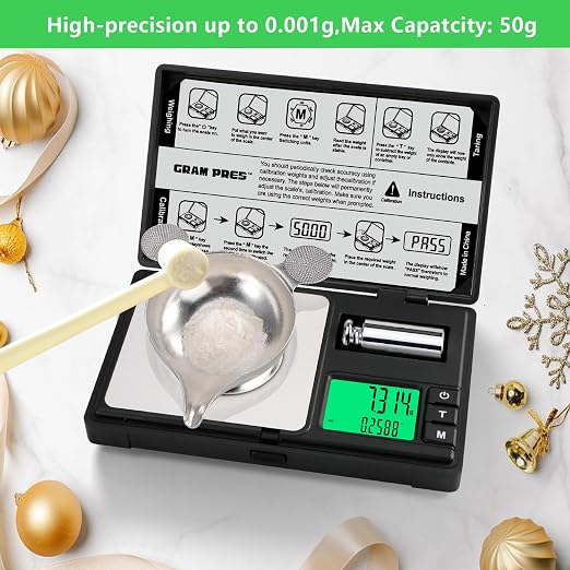 GRAM PRES High Precision Milligram Scale, Digital Mini Pocket Gram Scale | 50g/0.001g Mg Scale for Weighing Powders,Jewelry, Medicine, Gem, Reloading, with Cal Weight, Tweezer ，Tray and Scoop - Image 3