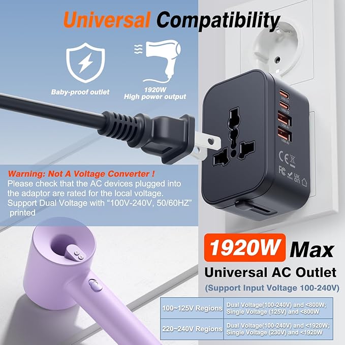 Universal Travel Adapter Fast Charger Worldwide Plug Adapter 4 Ports | 2 USB C PD3.0 & 2 USB-A Quick Charge, All in One International Power Adaptor, GaN Smart Wall Charger for Phone Laptop, 20W - Image 7
