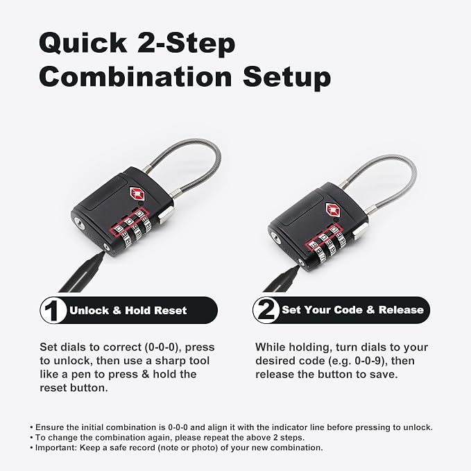 TSA Locks for Luggage, Small Padlock Combination, Luggage Locks TSA Approved, Combo Padlocks with Cable for Suitcase, Gym Locker, Backpack, Gun Case, Bag Zipper, Tool Box (Black+Black) - Image 6