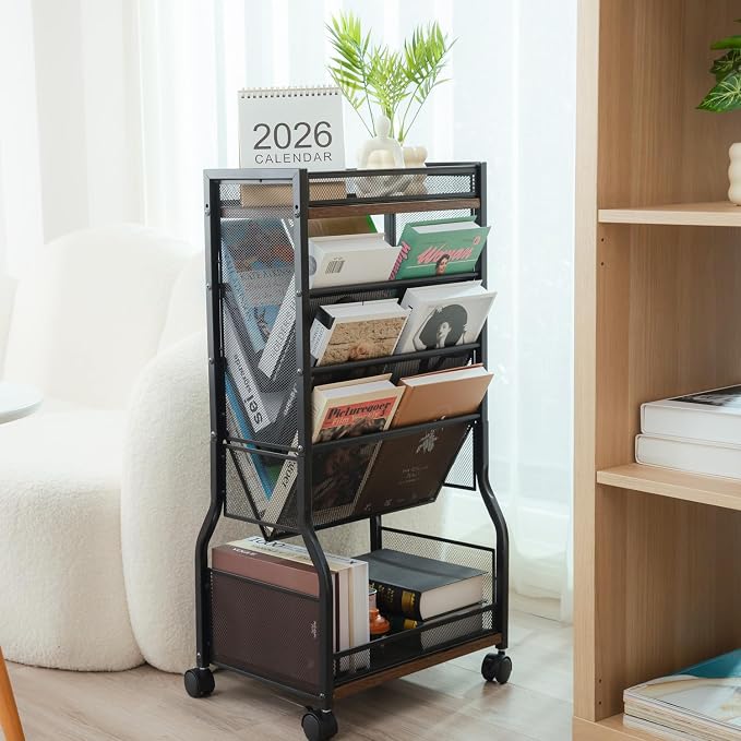 8-Tier Rolling Book Cart with Lockable Wheels, Double-Sided Storage Bookshelf for Narrow Spaces, Mobile Organizer Cart for Office, Library and Home - Image 8