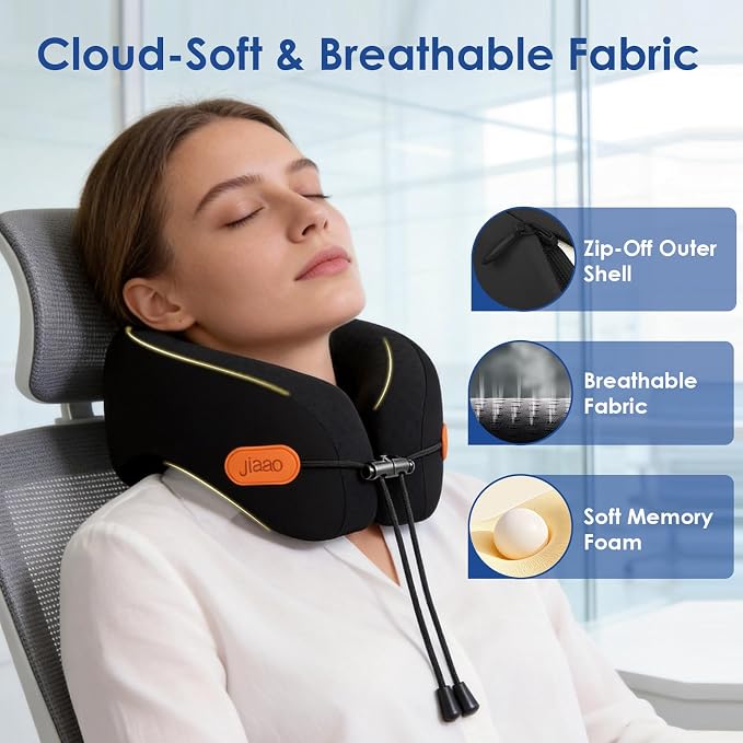 Travel Pillow Memory Foam Neck Pillow for Airplanes with Adjustable Neck Support, Includes Eye Mask, Earplugs & Storage Bag - Perfect for Flights, Road Trips, and Trains - Image 3