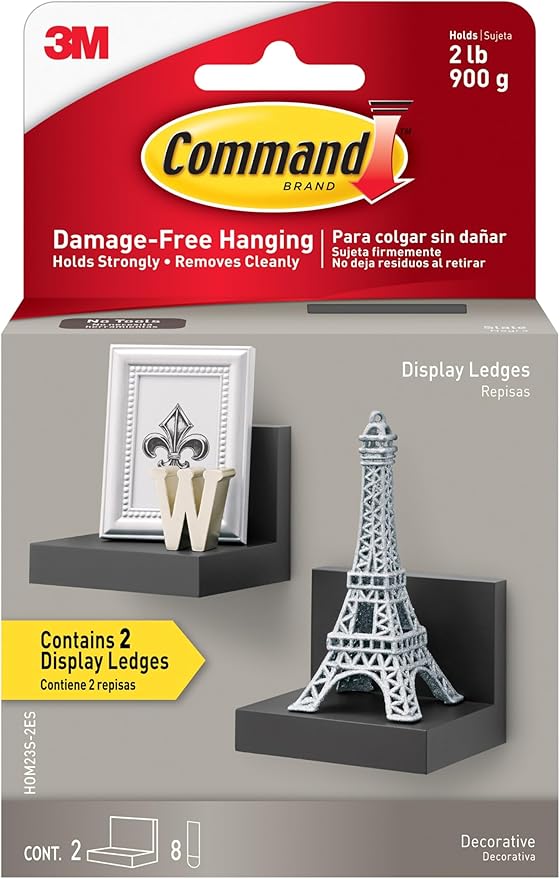 Command Display Ledges, Holds up to 2 lb, Slate, 2 Ledges with 8 Medium Strips, Damage-Free Hanging Floating Shelf with Adhesive Strips, Personalize Living Room, Bedroom, Kids Room or Office by Unknown