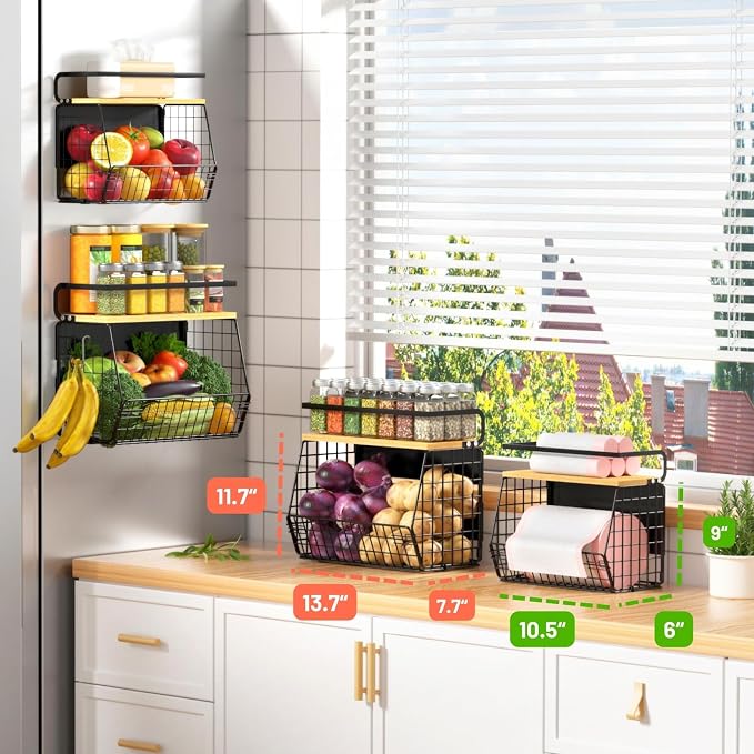 Magnetic Shelf for Fridge with Wood Lid, Fruit Potato and Onion Storage Bins, Pantry Organizers & Storage, Large Container Magnetic Spice Rack for Refrigerator, Kitchen Counter (Black, 2) - Image 7