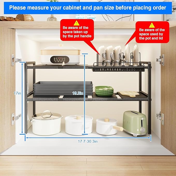 Mustorn Pots and Pans Organizer Under Cabinet, Expandable 2 Tier Under Sink Organizers and Storage Adjustable Height Kitchen Pot and Pan Lid Holder Rack with 6 Dividers(6panels,1 Pot rack, Black) - Image 7