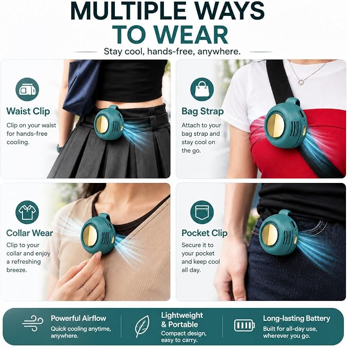 Portable Silent Mini Bladeless Fan Clip On, Small Fan Clip on for Shirt & Waist, Adjustable 3-Speed Suspended Whirlwind Fans, For Outdoor & Travel & Office, Travel Accessories (2, green) - Image 8