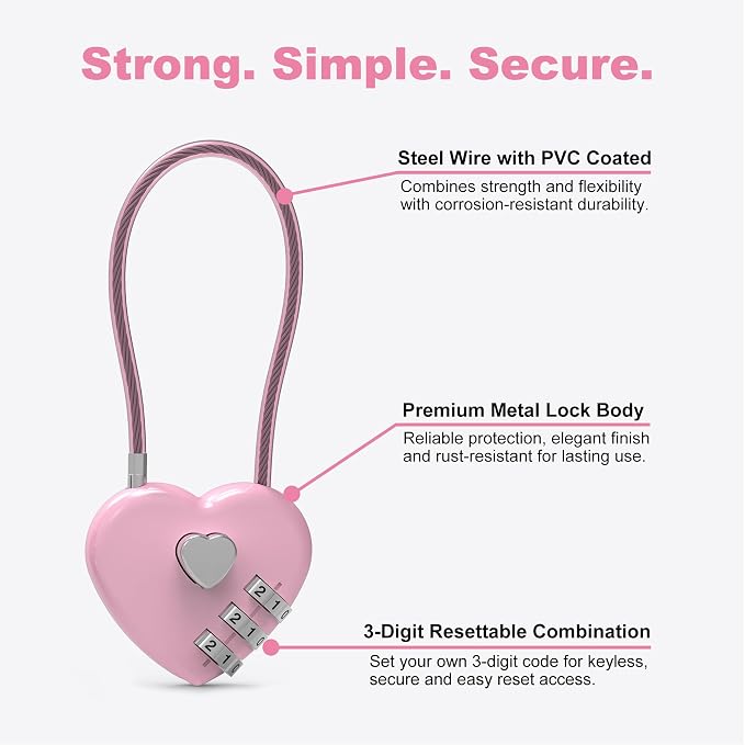 Small Combination Lock for Locker, Cable Lock with Code, Pink Padlock Combination, for Luggage, Suitcase, Gym Locker, Backpack Zipper, Cabinet, Box, Fence Gate, Travel Safe, Outdoor Use - Image 4