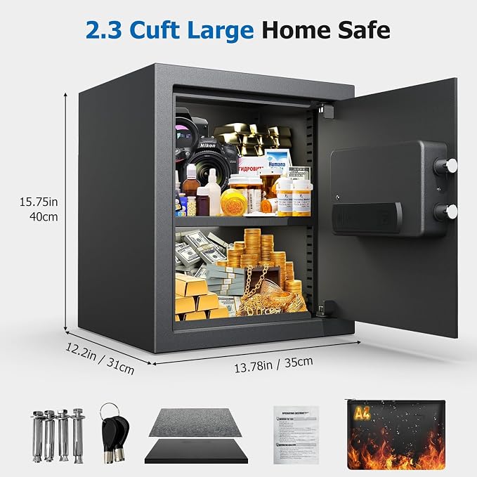 [ 2.3 Cu.ft. ]PATRON Fireproof Safe for Home,Digital Security Home Cabinet Safes for Money Cash Documents,Safe Box with Electronic Keypad,Removable Shelf for Office Business,2.3 Cu.ft. - Image 4