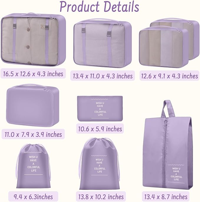 9 Set Packing Cubes for Travel Essentials - Lightweight Carry-On Luggage Organizer Bags with Shoe, Clothes & Laundry Bags for Airplane, Family & Business Travel, Light purple - Image 8