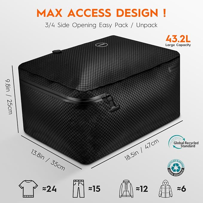 43L Max Capacity Vacuum Bags with Wireless Pump - Space Saver Compression Bags for Travel Luggage, No Checked Baggage, IP68, Reusable, Fits 20/24/28 Inch Suitcases (2PC No Tracker) - Image 7