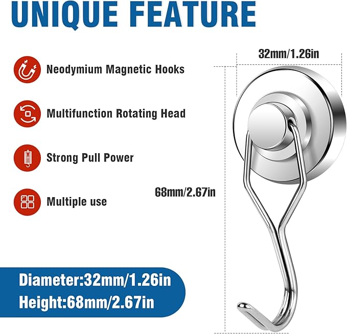 Magnetic Hooks 80LBS Swivel Swing Magnet Hooks Heavy Duty 10 Pack | Strong Neodymium Magnetic Hook for Cruise Cabins Refrigerator Hanging Garage Workshop Office and Kitchen Silver - Image 2