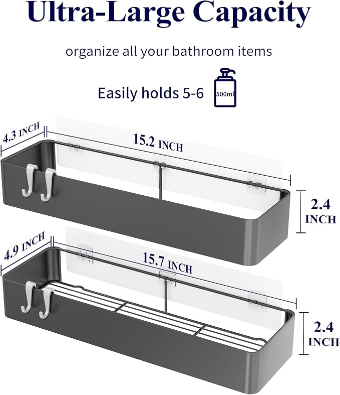Kitsure Shower Caddy Adhesive, Shower Organizer, XX-Large, Dark Grey | 2 Pack Shower Shelf for Inside Shower, 100% Rustproof Metal Shelves, No-Drill Bathroom Organizers and Storage - Image 2