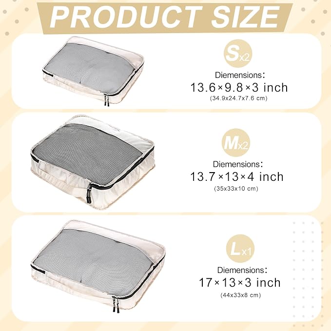 5 Pcs Packing Cubes for Suitcase Large Travel Cubes Carry on Luggage Organizer Bags for Clothes Accessories(Mixed,Khaki) - Image 2