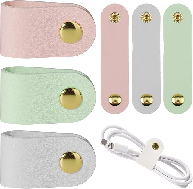 6pcs Leather Cord Organizer Reusable Cable Straps PU Leather Cable Organizer Phone Cord Ties Charging Cord Power Cord Headphone Travel Organizer USB Holder Multipurpose Cord Holder Snap Closure by salbsever