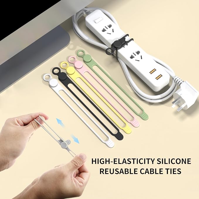 UMUST Silicone Cable Straps, 10pcs Extra-Long Reusable Hanging Organizer for Cables, Kitchen, Home, School (Black & White) | Reusable Cord Ties, Cable Strap Tie for Bundling Electronics Wire,Home Office Travel Essentials Accessories 7.1inch - Image 3