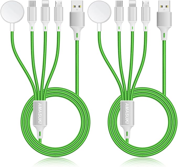 2Pack Multi Charging Cable for Apple Watch Charger 4 in 1 Travel Essentials RV Camping Essentials USB C/L/Micro Compatible with iWatch Series 11-1/iPhone 17/16/15/Android Airplane Gadgets-4FT/Green by ChargeBeyondPowerWithin