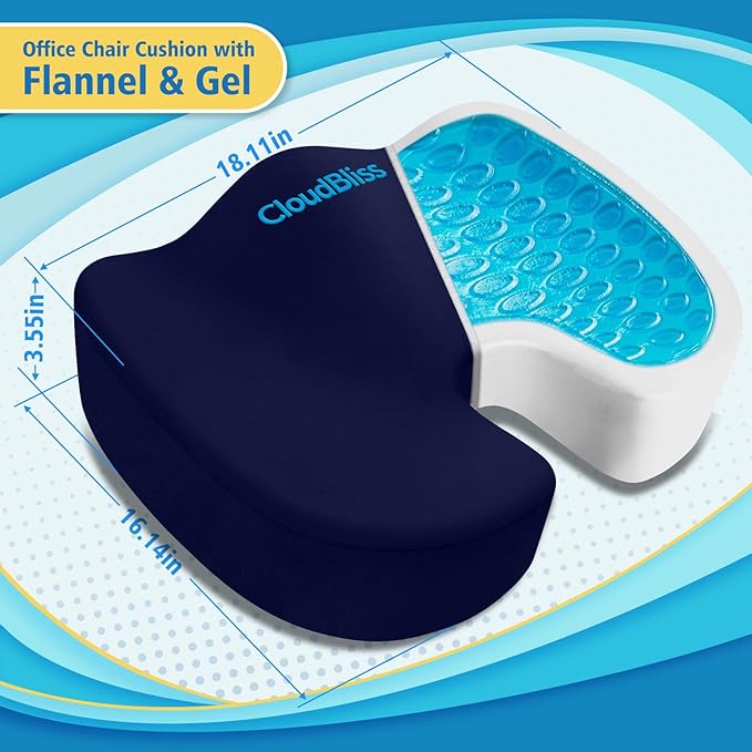 CloudBliss Gel Memory Foam Seat Cushion for Long Sitting, X-Large, Blue | Gel Chair Pad for Tailbone, Coccyx, Sciatica , Soft Suede Cover, Non-Slip , Washable Mesh, for office, home, car - Image 2
