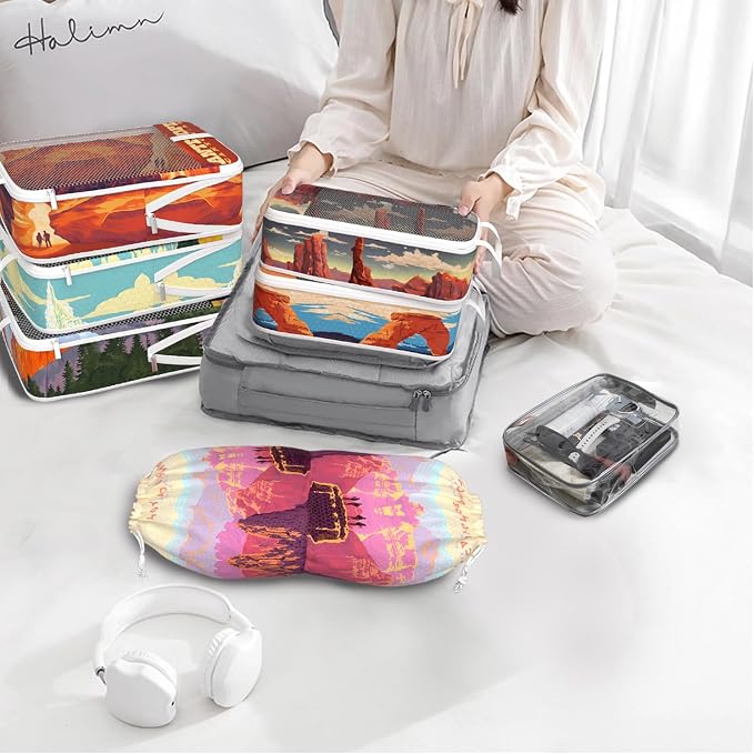 Compression Packing Cubes for Travel, 7 Set National Park Expandable Mesh Luggage Organizers, Waterproof Expandable/Compression Bags Travel Packing Cubes with Clear Toiletry Bag - Image 4