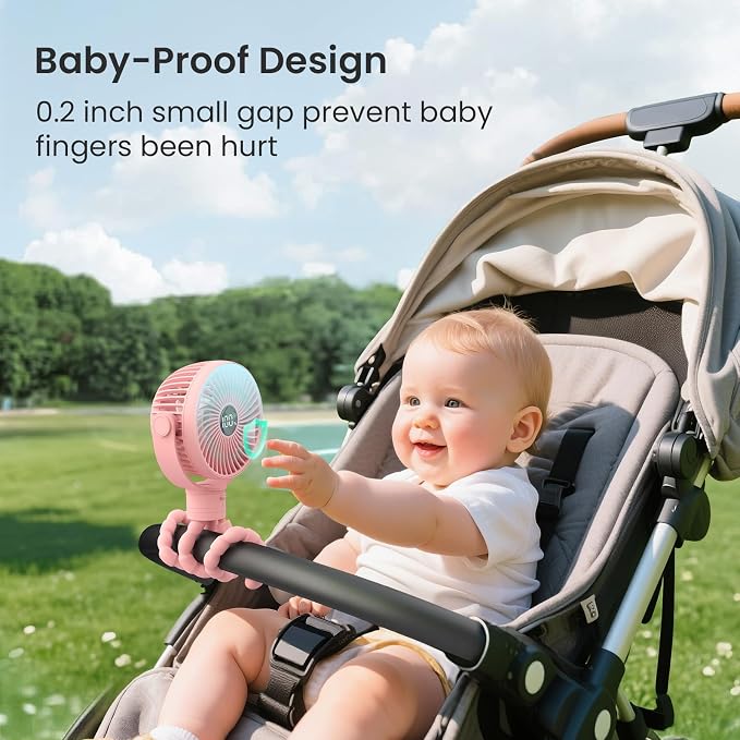 Coohea Portable Stroller Fan, 25H Long-lasting, 4 Speed, Night Light, Pink | 4000mAh Rechargeable Battery Powered Fan, Head Detachable 360° Rotate Mini Fan, Easy to Wrap for Car Seat Crib Bike Treadmill - Image 6