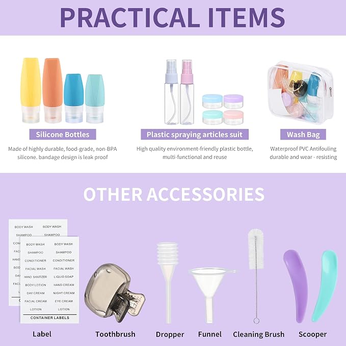19 Pack Travel Bottles for Toiletries - TSA-Approved Leak-Proof Silicone Containers with Cream Jars Spray Bottles Funnel Brushes & Labels - Portable Refillable Kit for Shampoo Lotion & Conditioner - Image 2