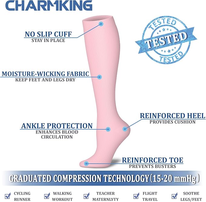 CHARMKING Compression Socks for Women & Men Circulation (8 Pairs) 15-20 mmHg Best Calf Socks Support for Athletic Cycling - Image 4