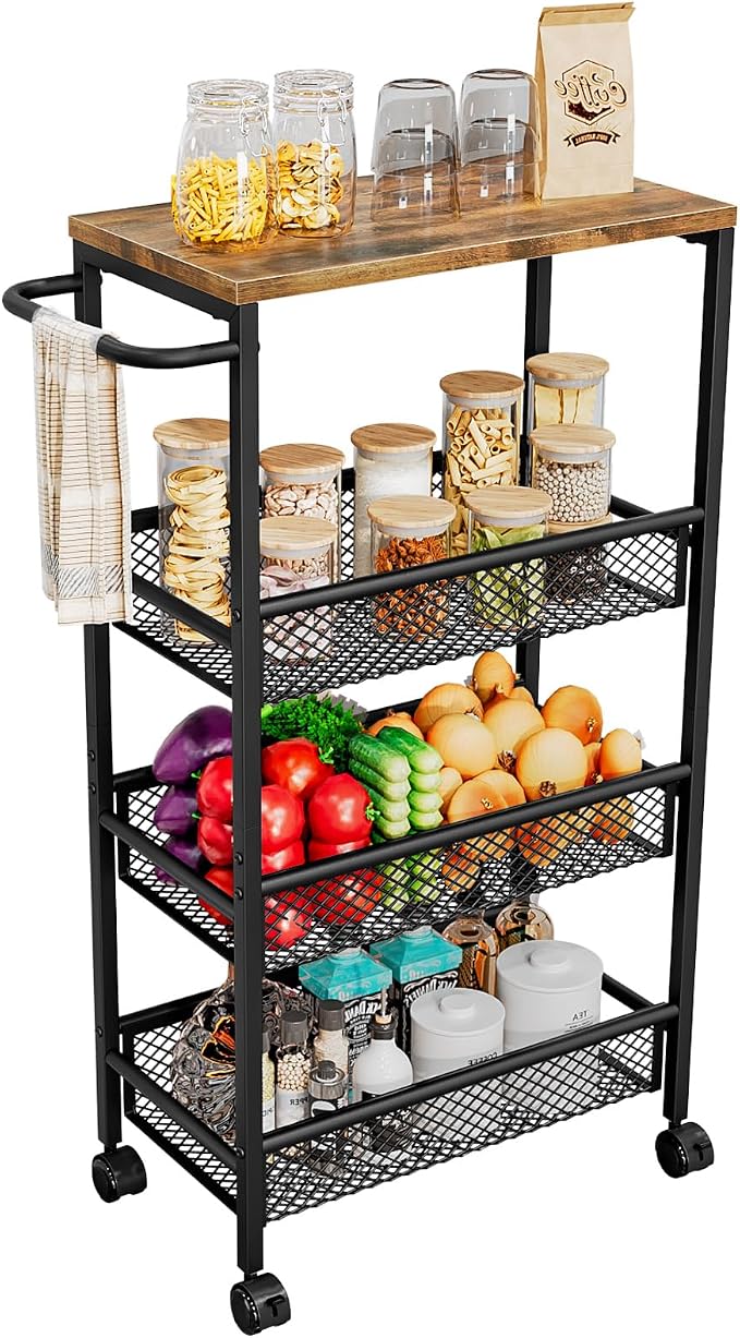 Slim Rolling Cart 4 Tier Narrow Storage Cart on Wheels with Handle | Lockable Wheels, Wood Top Panel, Metal Frame Utility Carts for Kitchen, Dining, Living, Home Office, Laundry Room by AZERPIAN