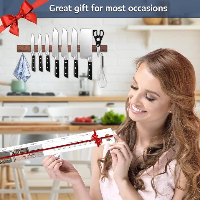 Dmore magnetic knife holder for wall—with 2 hooks, No Drilling 23 Inch walnut knife magnetic strip, Powerful knife magnet rack, include Adhesive Tape and screws for Knives, Utensils, and Tools - Image 6