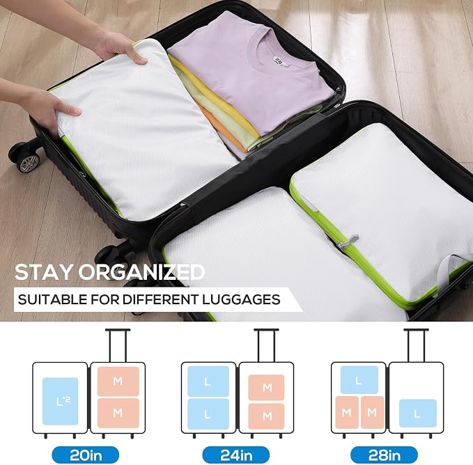 Compression Packing Cubes, 6 Set Packing Cubes for Travel Compression, Lightweight Compressible Package Organizer for Carry On and Suitcases, White and Green - Image 7