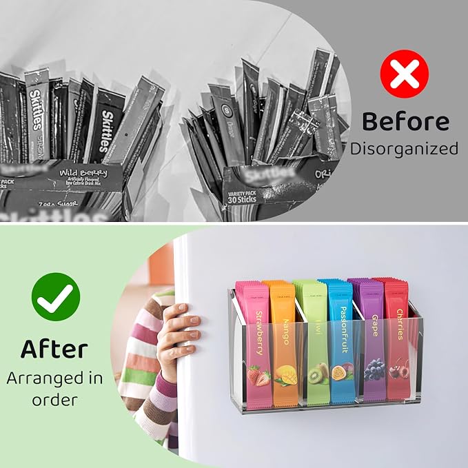 Drink Packet Organizer, Magnetic Water Packet Organizer for Fridge, Premium Acrylic Drink Mix Holder Container with 3 Compartments for Kitchen Organizers and Storage - Image 3