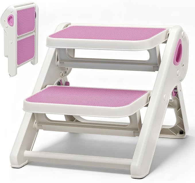 Foldable Toddler Step Stool for Bathroom Sink, Toilet, Bedroom, Kitchen – Non-Slip, Space-Saving, BPA-Free, Supports 110 lbs, Kids Step Stool (Pink) by Unknown