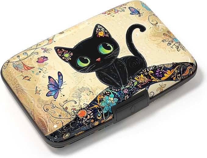 Credit Card Holder, Mini Aluminum Card Wallet RFID Blocking Slim Metal Hard Card Case for Women Men, Cat on Branch by Atufsuat