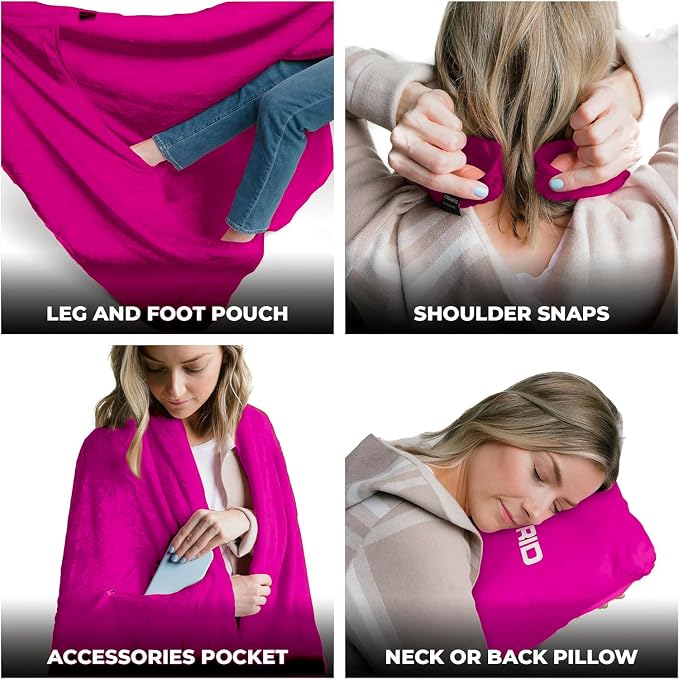 Zero Grid Lightweight Airplane & Travel Blanket with Foot Pockets, Hot Pink | Compact Wearable Blanket with Neck Snaps, Zips & Converts to Soft Pillow for Ultimate Comfort - Image 4